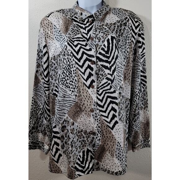 Tan Jay Gold Black White Multi Animal Print Button Up Top 16 Lightweight Soft - Picture 1 of 5